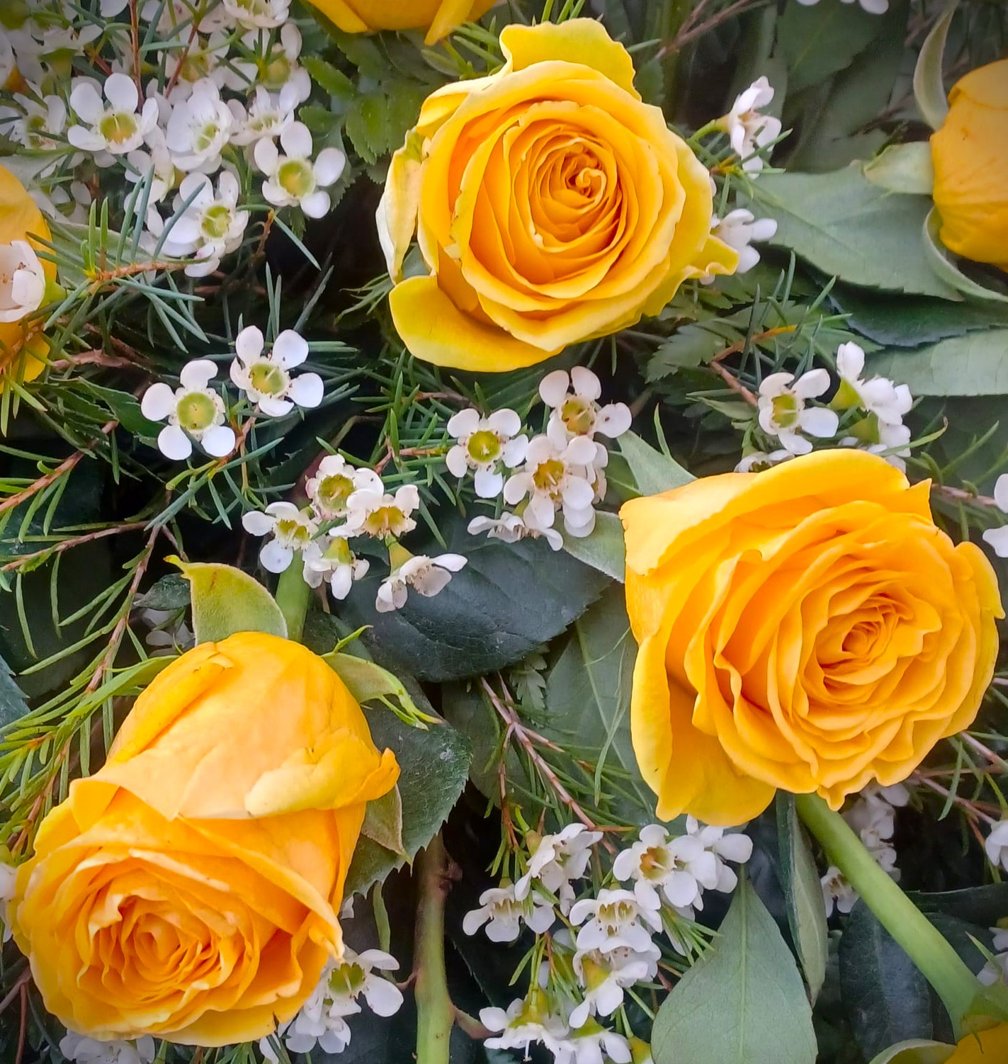 mazzo di fiori con rose gialle e fiorellini bianchi