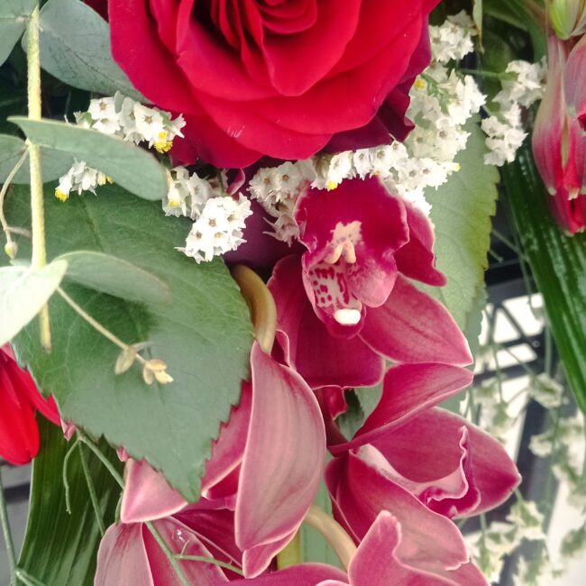 rose e orchidee rosse in una composizione di fiori per funerale