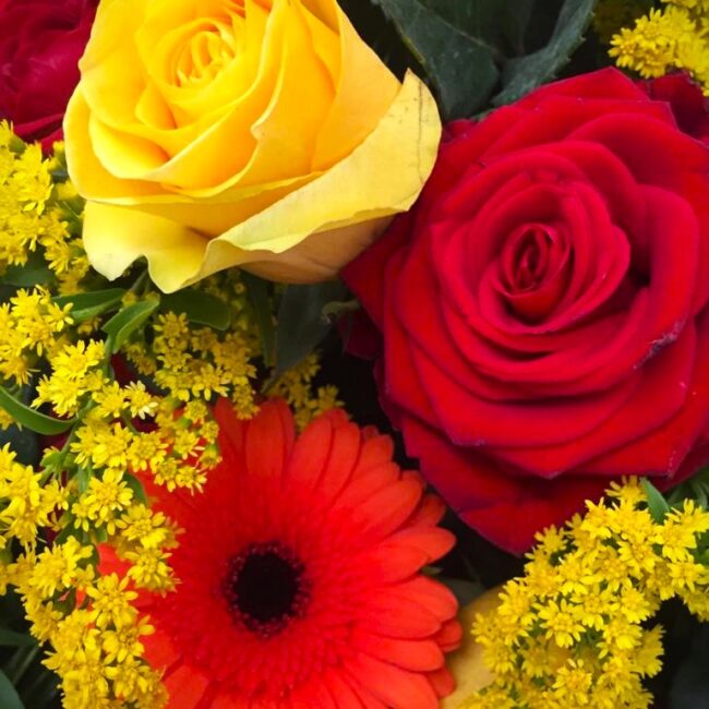 gerbere e rose sui colori del rosso e giallo per funerale