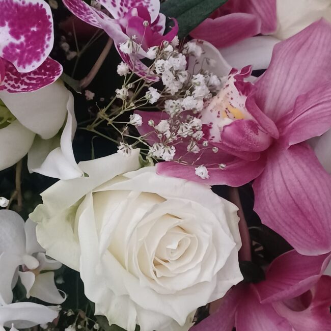 dettaglio su fiori per funerale composti da orchidee, rose e gypsophila