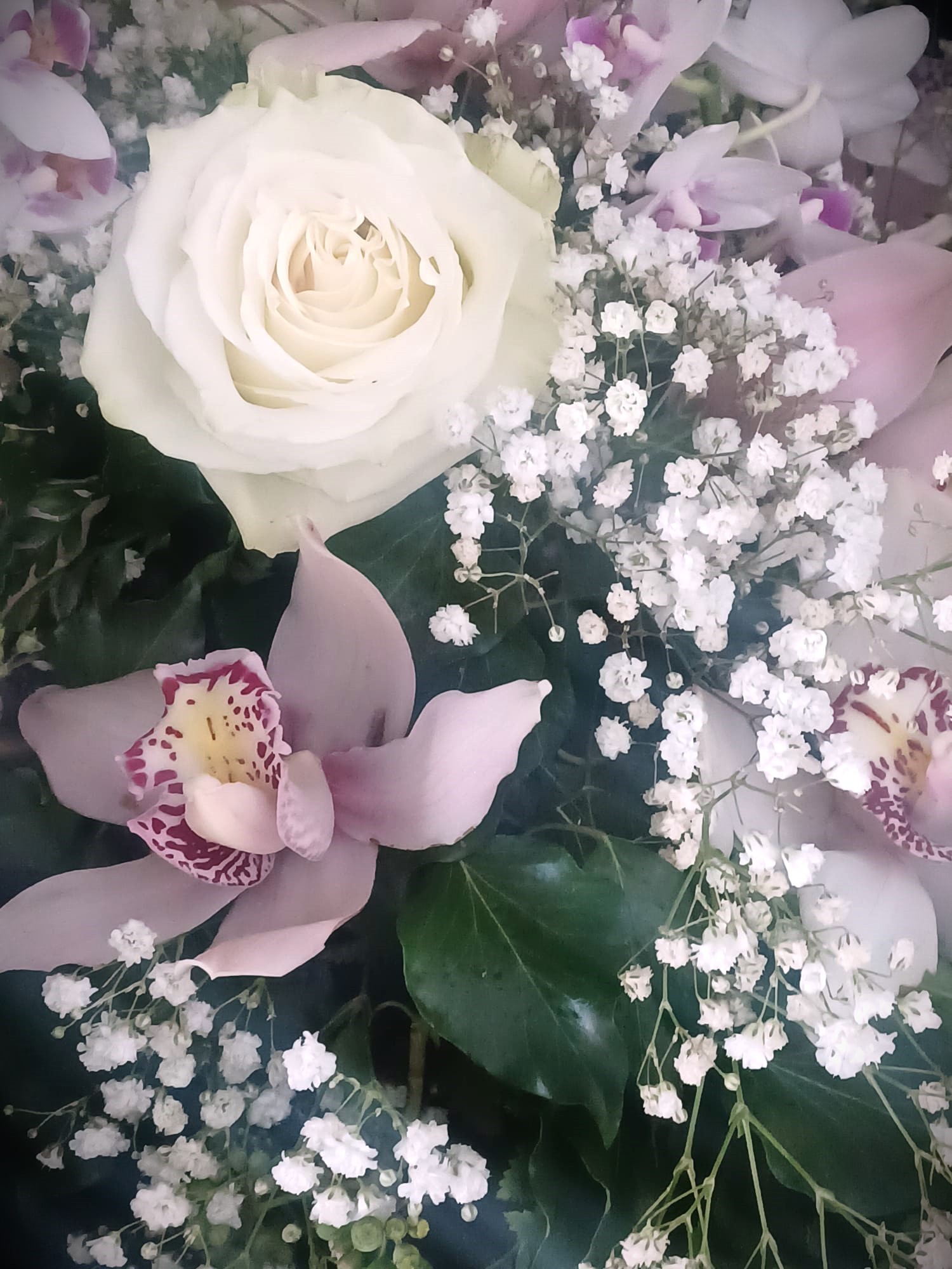 fiori per funerale rose e orchidee sui colori del bianco e rosa