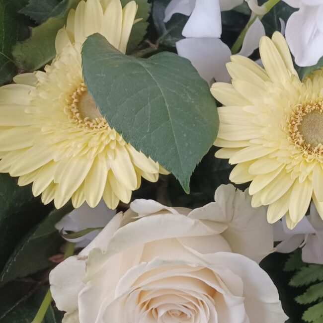 composizione fiori rose e gerbere gialle