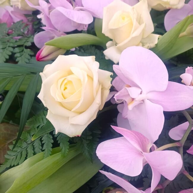 orchidee lilla e rose bianche con altre piante verdi per funerale