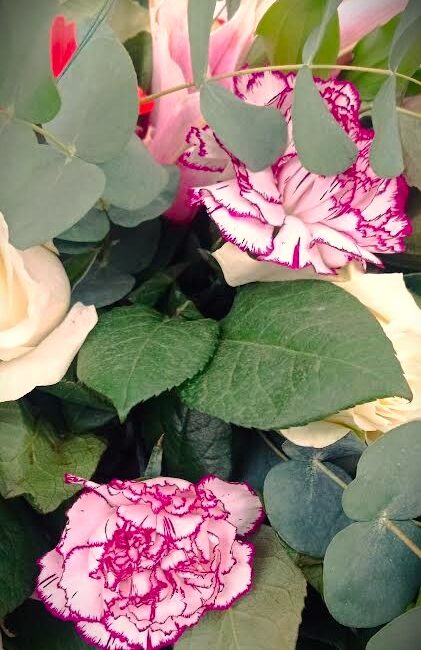 garofano rosa e bianco sfumato con altri fiori sui colori tenui in una corona d'alloro